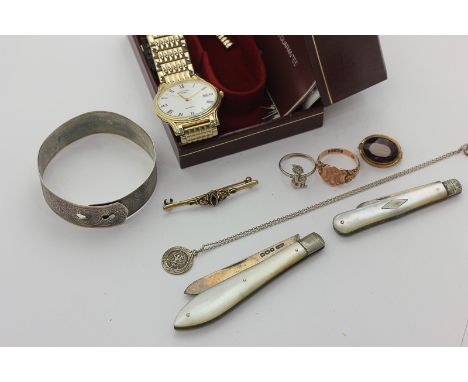 A 9ct gold signet ring, gold plated Rotary watch, two penknives, and miscellaneous other items