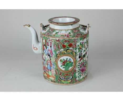 A Chinese Cantonese porcelain teapot and cover decorated with panels of figures, birds and butterflies, with gilt embellishme