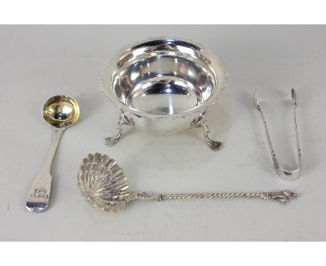 A Victorian silver apostle handled sifter spoon, a J B Chatterley &amp; Sons silver sugar bowl, Birmingham 1929, a George IV 