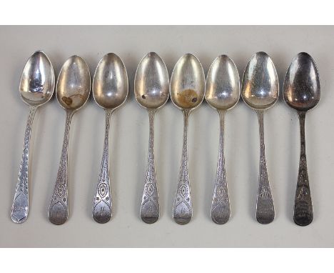 A set of five Victorian Scottish silver teaspoons with engraved patterns, makers Mackay &amp; Chisholm, Edinburgh 1876, toget