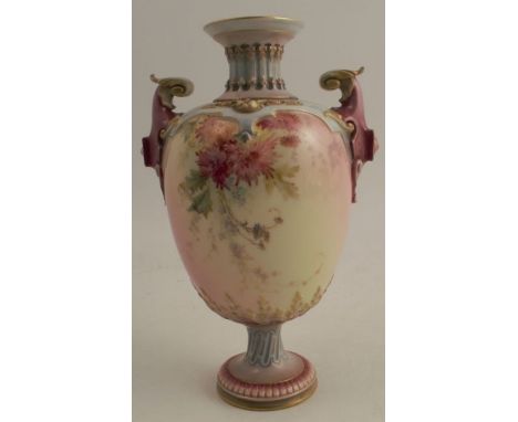 A Royal Worcester twin scroll handled vase, decorated with flowers to a purple pink and cream ground, height 9ins - Good cond