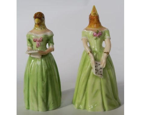 Two Royal Worcester candle snuffers, modelled as Confidence and Diffidence, green colourway, restored - Beaks have been resto