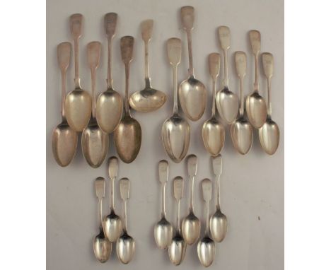 A set of five silver fiddle pattern serving spoons, engraved with initials, London 1855, weight 12oz, together with two other