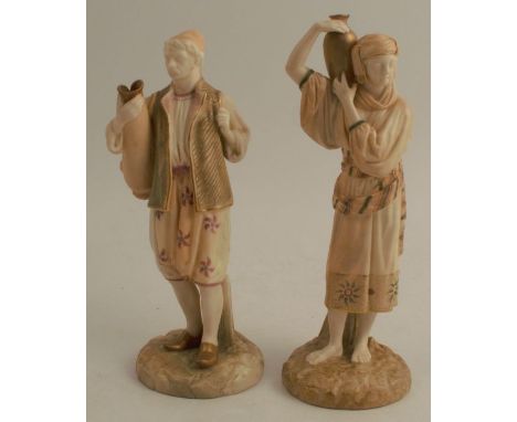 Two Royal Worcester blushed ivory male and female water carriers, decorated in shot silks, the one shape number 1206, circa 1