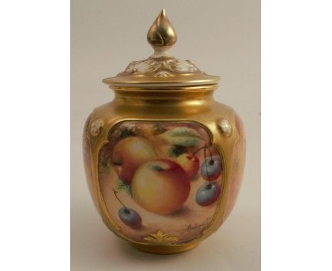 A Royal Worcester covered quarter lobed vase, decorated with half round hand painted fruit by Roberts, shape number H162, hei