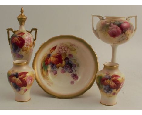 A Royal Worcester vase, with cover, shape number H247, decorated with blackberries and autumn leaves by Kitty Blake, height 9