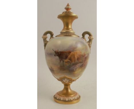 A Royal Worcester covered pedestal vase, decorated to the front with Highland cattle in landscape by H Stinton, shape number 