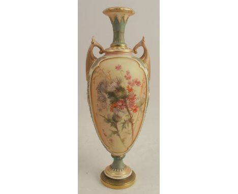 A Royal Worcester blush ivory vase, decorated with flowers and thistles, raised on a pedestal foot, shape number 1839, height