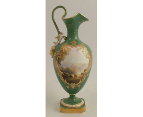A Royal Worcester ewer, with green ground, decorated with a reserve of a Continental landscape of figures and building by H D