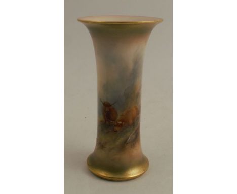 A Royal Worcester trumpet vase, painted with Highland Cattle by Harry Stinton, circa 1917, signed, shape no. G923, height 6in