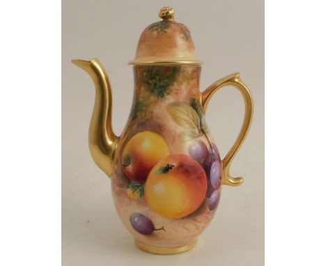 A Royal Worcester miniature coffee pot, decorated all around with fruit to a mossy background by Roberts, height 5ins - Good 