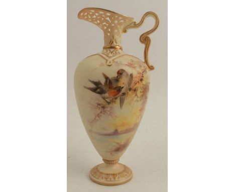 A Grainger &amp; Co Worcester gilded ivory ewer, decorated with birds on a branch, with pierced neck, shape number G965, heig