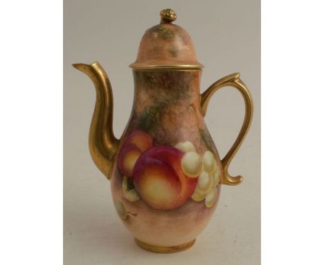 A Royal Worcester miniature coffee pot, decorated all around with hand painted fruit by Roberts, height 5ins - Good condition