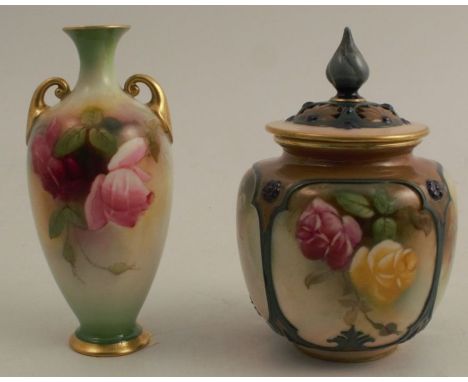 A Hadley's Worcester quarter lobed vase, with associated cover, decorated with roses, shape number H162, height 4.5ins, toget