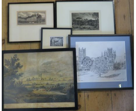 Three framed Antique black and white engravings, together with a pencil and ink drawing of Ely Cathedral and a View of Llanto