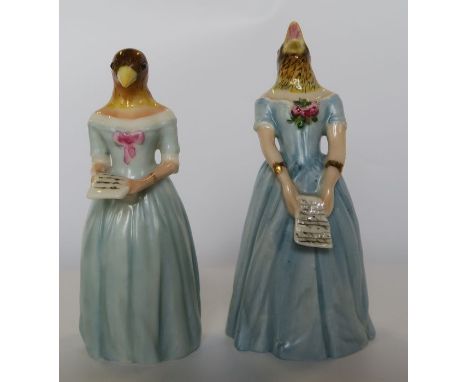 Two Royal Worcester candle snuffers, modelled as Confidence and Diffidence, blue colourway, restored - Beaks have been restor