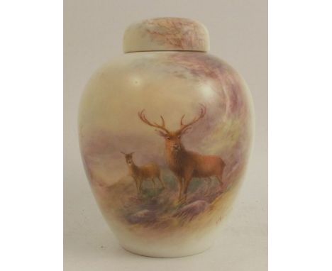 A Royal Worcester covered tea cannister, decorated with stag and hind in a wooded landscape, with water beyond, by H Stinton,
