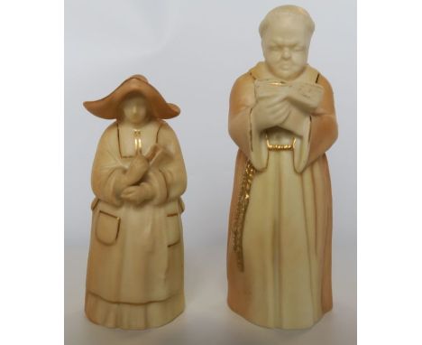 Two Royal Worcester blush ivory candle snuffers, modelled as the Nun and the Monk - Both in good condition