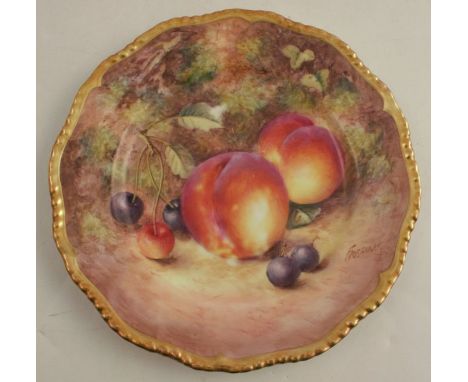 A Royal Worcester plate, decorated with hand painted fruit to a shaped gadrooned border by Freeman, diameter 6.75ins - Some w