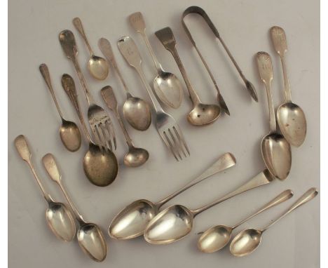 A collection of hallmarked silver flatware, to include pairs of spoons, single spoons, two forks, a ladle and a pair of sugar