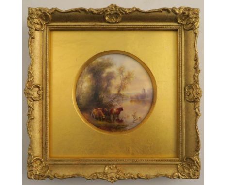 A circular Royal Worcester plaque, decorated with English cattle by Stinton, inscribed to the reverse, On The Thames, diamete