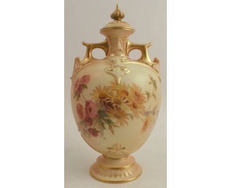 A Royal Worcester blush ivory covered vase, decorated with flowers, shape number 1654, height 9.5ins - Finial restored, vase 