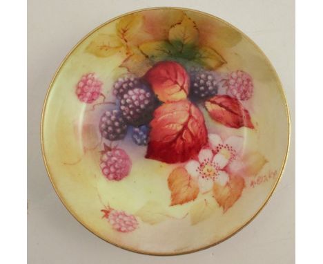 A Royal Worcester circular pin dish, decorated with autumnal fruits and leaves by Kitty Blake, diameter 3.25ins - Good condit