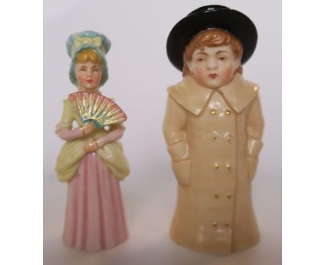 Two Royal Worcester candle snuffers, modelled as Town Girl and Boy with Boater - Town girl is ok, the Boy with boater, the bo