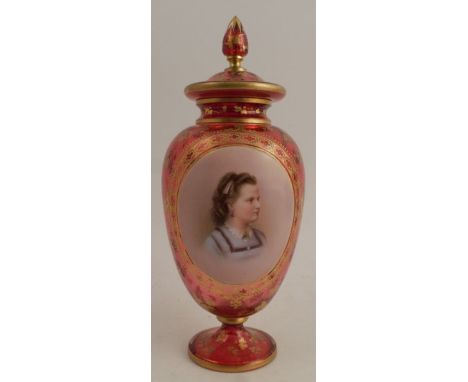 A Bohemian ruby glass covered vase, with painted cameo panel of a girl, and gilded ivy leaf decoration, height 10ins
