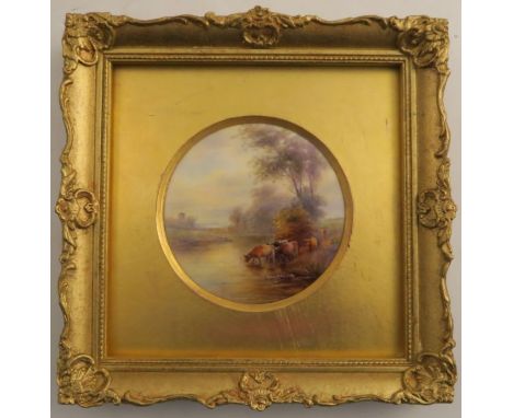 A Royal Worcester plaque, decorated with cattle watering by Stinton, diameter 4ins -&nbsp;from what is visible the plaque loo