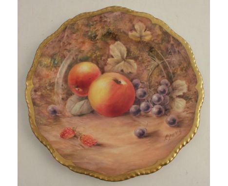 A Royal Worcester plate decorated with hand painted fruit to a shaped gadrooned border by Love, diameter 8ins - Good conditio