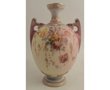 A Royal Worcester twin handled vase, decorated with flowers to a purple, blue and cream ground, height 10.5ins - Good conditi