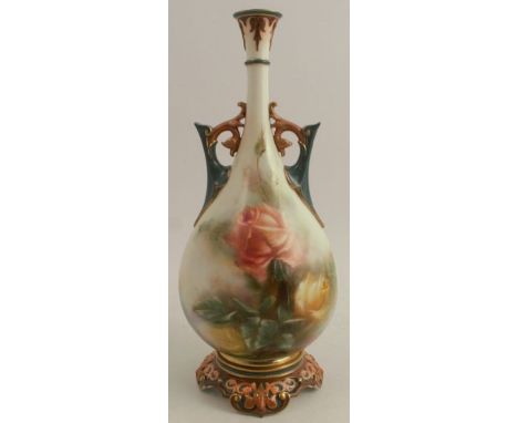 A Hadleys Worcester vase, decorated with roses, with green and brown handles and base, height 9.5ins - Neck looks to have bee