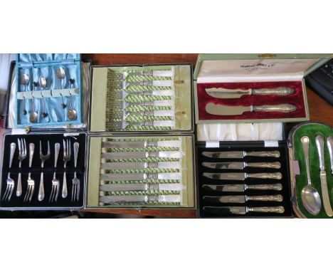 A Mappin &amp; Webb cased silver three piece christening set, comprising knife, fork and spoon, case af, together with other 