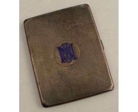 A silver engine turned cigarette case, with enamelled initials, Birmingham 1930, weight 5oz