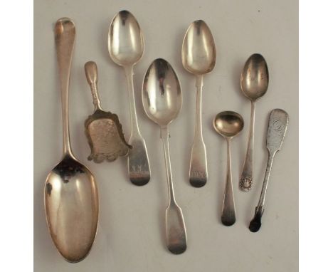 A mid 18th century silver spoon, engraved with initials, together with various silver spoons and a caddy spoon, weight 5oz