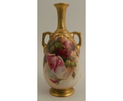 A Royal Worcester two handled vase, decorated with roses by Flaxman, shape number 1762, height 7.75ins - Good condition