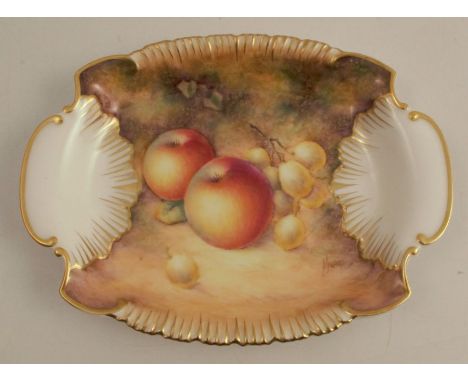A Royal Worcester rectangular shaped dish, with shell shaped handles, decorated with hand painted fruit possibly by Reed, wid