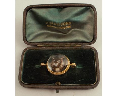 A reverse intaglio of a portrait of a tabby cat, mounted as a brooch, cased