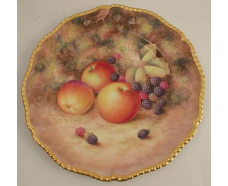 A Royal Worcester plate, with a gadroon border decorated with hand painted fruit by Ayrton, diameter 10.5ins - Good condition
