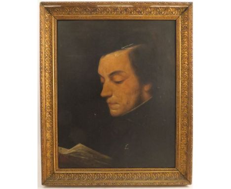 A 19th century English School oil on board, portrait of a man reading from a book, 19ins x 15ins