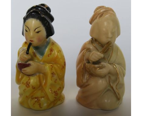 Two Royal Worcester candle snuffers, modelled as Japanese Girl, one in blush ivory, the other painted - Blush has rubbing to 