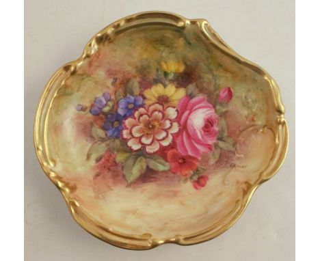 A Royal Worcester pin dish, of shaped circular form, decorated with flowers by Freeman, diameter 4.75ins - Some small scratch