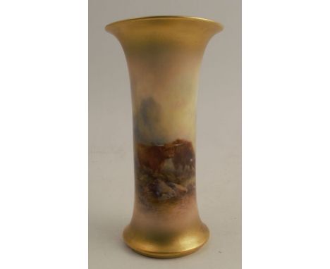 A Royal Worcester trumpet vase, painted with Highland Cattle by J Stinton, circa 1923, signed, shape no. G923, height 6ins - 