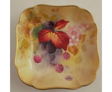 A Royal Worcester shaped square dish, decorated with blackberries and autumn leaves by Kitty Blake, diameter 4.75ins - Good c