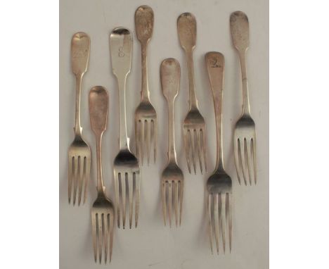 A pair of silver fiddle pattern dessert forks, engraved with initials front and back, London 1854, weight 3oz, together with 