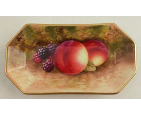 A Royal Worcester pin dish, of rectangular form with canted corners, painted with fruit to a mossy background by Roberts, wid