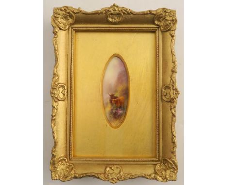 A Royal Worcester elongated oval plaque, decorated with Highland cattle on a hillside, by Harry Stinton, circa 1926, diameter