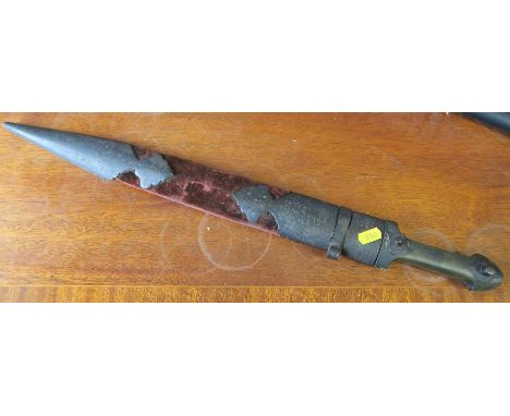 An Antique Kindjal dagger, with horn and metal handle, the scabbard with velvet and metal mounts, length 23ins