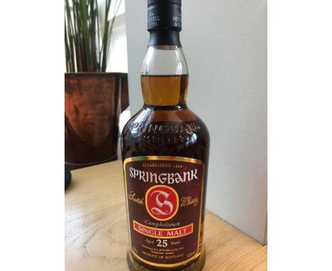 A bottle of Springbank 25 years old single malt Scotch whisky, cased